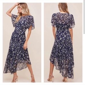 ASTR The Label Blue Flutter Sleeve Floral Asymmetrical Maxi Dress
